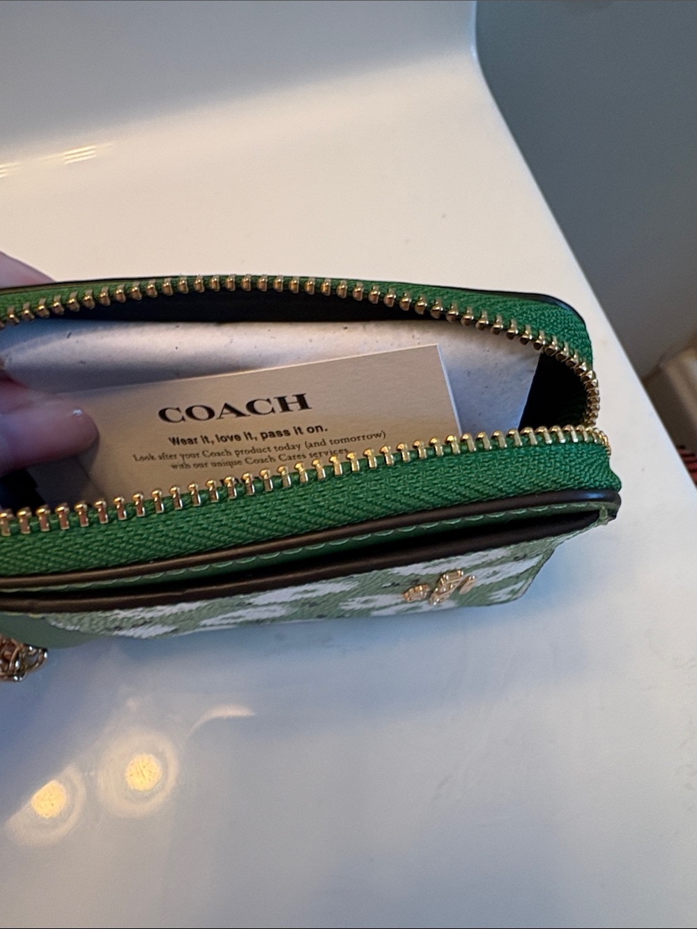 Coach Green Floral Card Holder with Gold Chain - Picture 4 of 6